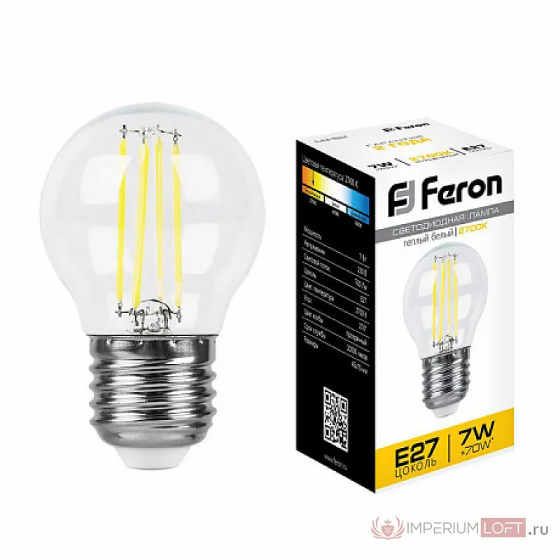Лампа светодиодная филаментная Feron E27 7W 2700K Шар Прозрачная LB-52 25876 от ImperiumLoft