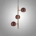 Серия светодиодных подвесных светильников с тремя шарообразными плафонами из дерева на вертикальной латунной стойке NARVE Dark Brown