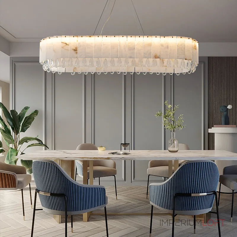 Светодиодный реечный светильник из мраморных пластин с декоративными хрустальными подвесками на удлиненном кольцевом каркасе LIDVALD LONG от ImperiumLoft Светодиодный реечный светильник из мраморных пластин с декоративными хрустальными подвесками на удлиненном кольцевом каркасе LIDVALD LONG от ImperiumLoft