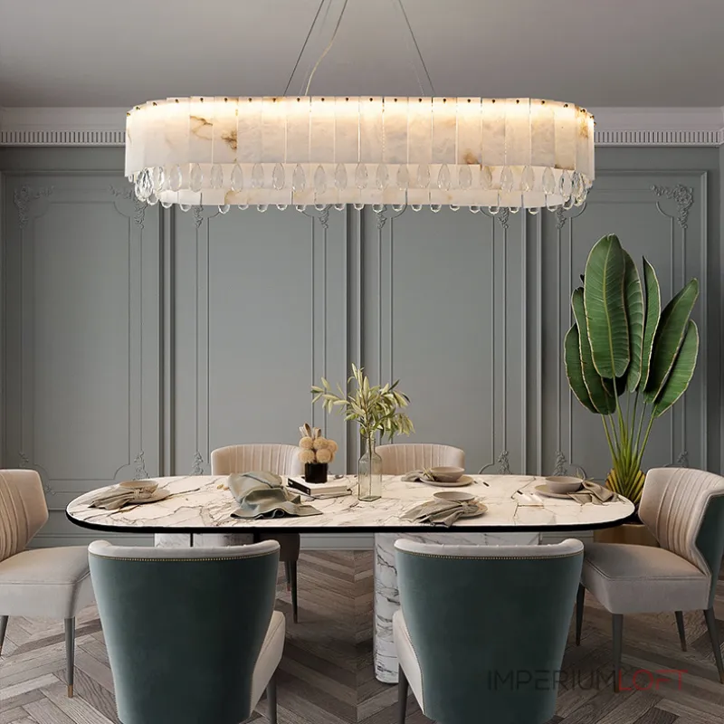 Светодиодный реечный светильник из мраморных пластин с декоративными хрустальными подвесками на удлиненном кольцевом каркасе LIDVALD LONG от ImperiumLoft Светодиодный реечный светильник из мраморных пластин с декоративными хрустальными подвесками на удлиненном кольцевом каркасе LIDVALD LONG от ImperiumLoft