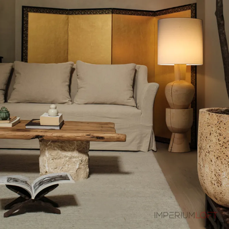 Дизайнерский торшер с массивным фигурным корпусом из цельного дерева и текстильным цилиндрическим плафоном HELGOT от ImperiumLoft Дизайнерский торшер с массивным фигурным корпусом из цельного дерева и текстильным цилиндрическим плафоном HELGOT от ImperiumLoft