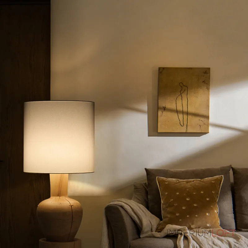 Дизайнерский торшер с массивным фигурным корпусом из цельного дерева и текстильным цилиндрическим плафоном HELGOT от ImperiumLoft Дизайнерский торшер с массивным фигурным корпусом из цельного дерева и текстильным цилиндрическим плафоном HELGOT от ImperiumLoft