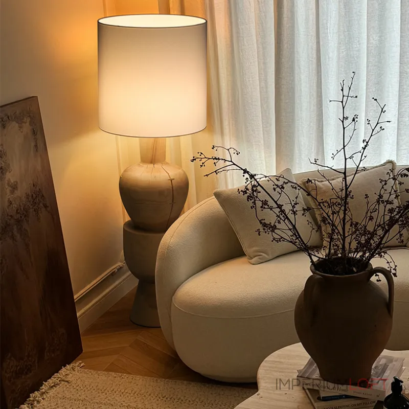 Дизайнерский торшер с массивным фигурным корпусом из цельного дерева и текстильным цилиндрическим плафоном HELGOT от ImperiumLoft Дизайнерский торшер с массивным фигурным корпусом из цельного дерева и текстильным цилиндрическим плафоном HELGOT от ImperiumLoft