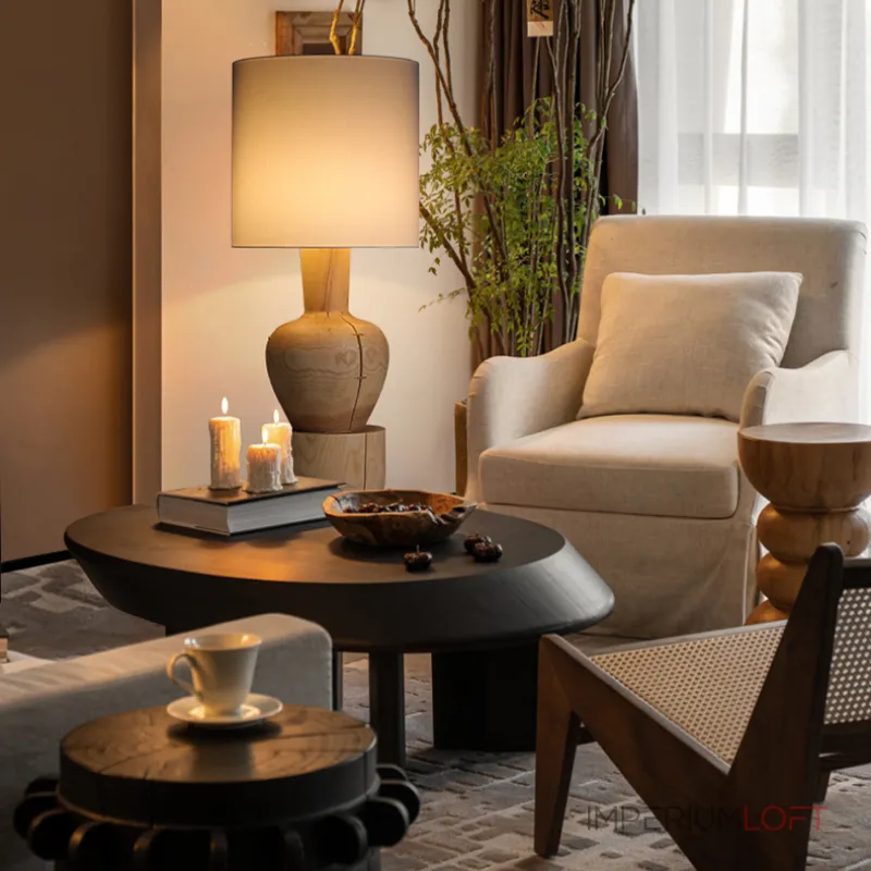 Дизайнерский торшер с массивным фигурным корпусом из цельного дерева и текстильным цилиндрическим плафоном HELGOT от ImperiumLoft Дизайнерский торшер с массивным фигурным корпусом из цельного дерева и текстильным цилиндрическим плафоном HELGOT от ImperiumLoft