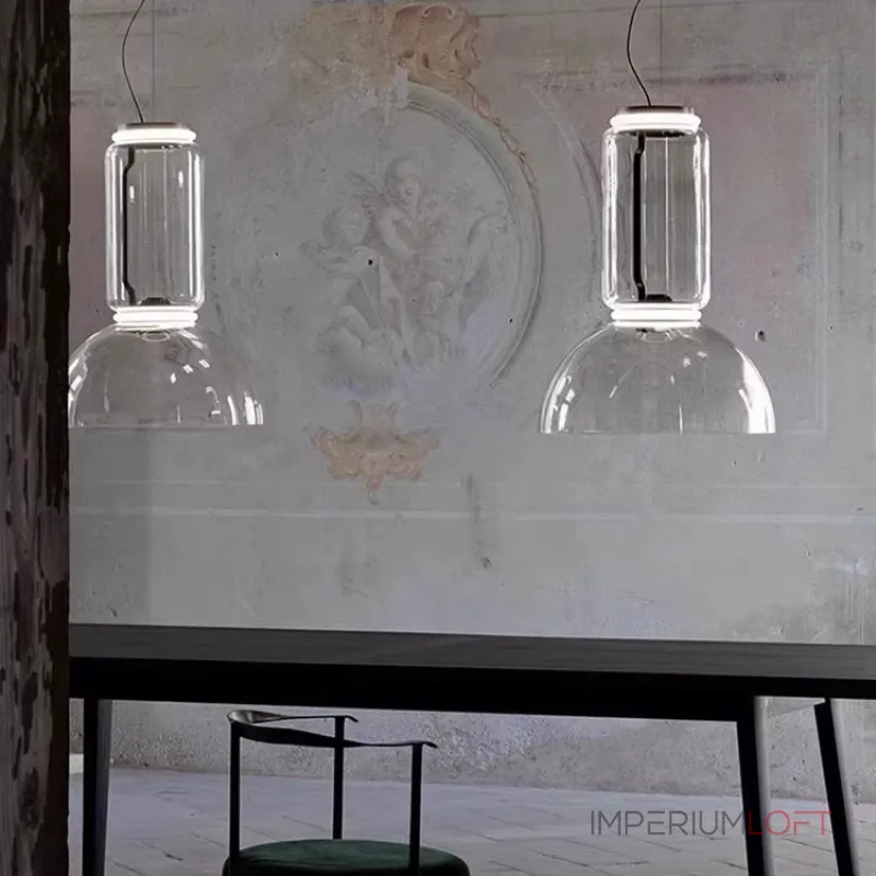 Серия подвесных светильников из прозрачных стеклянных скругленных цилиндров c LED подсветкой сверху и снизу QUENTIN A H32 от ImperiumLoft Серия подвесных светильников из прозрачных стеклянных скругленных цилиндров c LED подсветкой сверху и снизу QUENTIN A H32 от ImperiumLoft