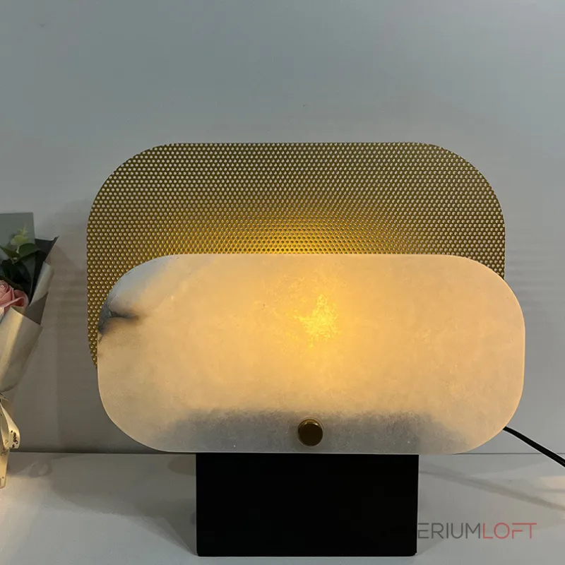 Серия настольных ламп в виде металлической перфорированной пластины и рассеивателя из натурального камня CONRAD B TAB B Серия настольных ламп в виде металлической перфорированной пластины и рассеивателя из натурального камня CONRAD B TAB B