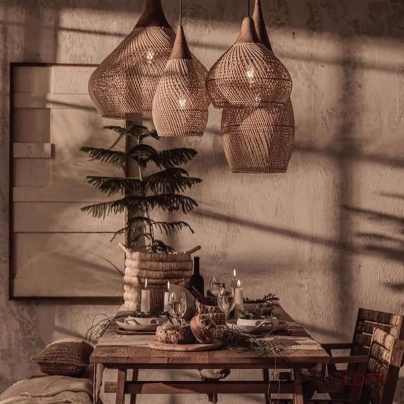 Люстра LOVOND HARMONY BROWN D35 D60 D80 с плафоном из ротанга
