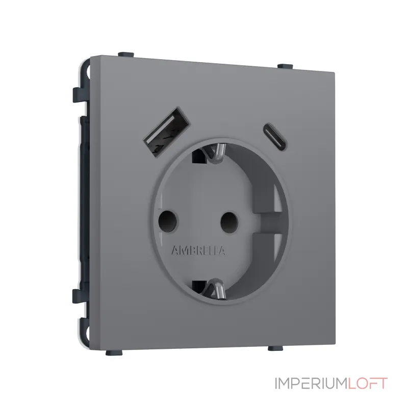 Комплект механизма электрической розетки 2USB A+C 20W (быстрая зарядка) с/з и шторками Ambrella Volt SIGMA MS870010