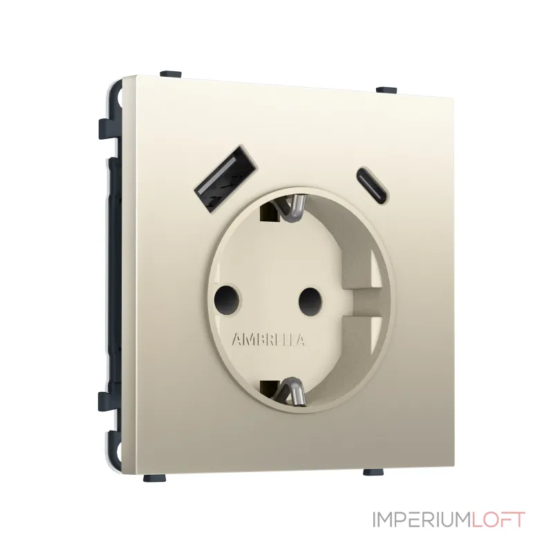 Комплект механизма электрической розетки 2USB A+C 20W (быстрая зарядка) с/з и шторками Ambrella Volt SIGMA MS550010