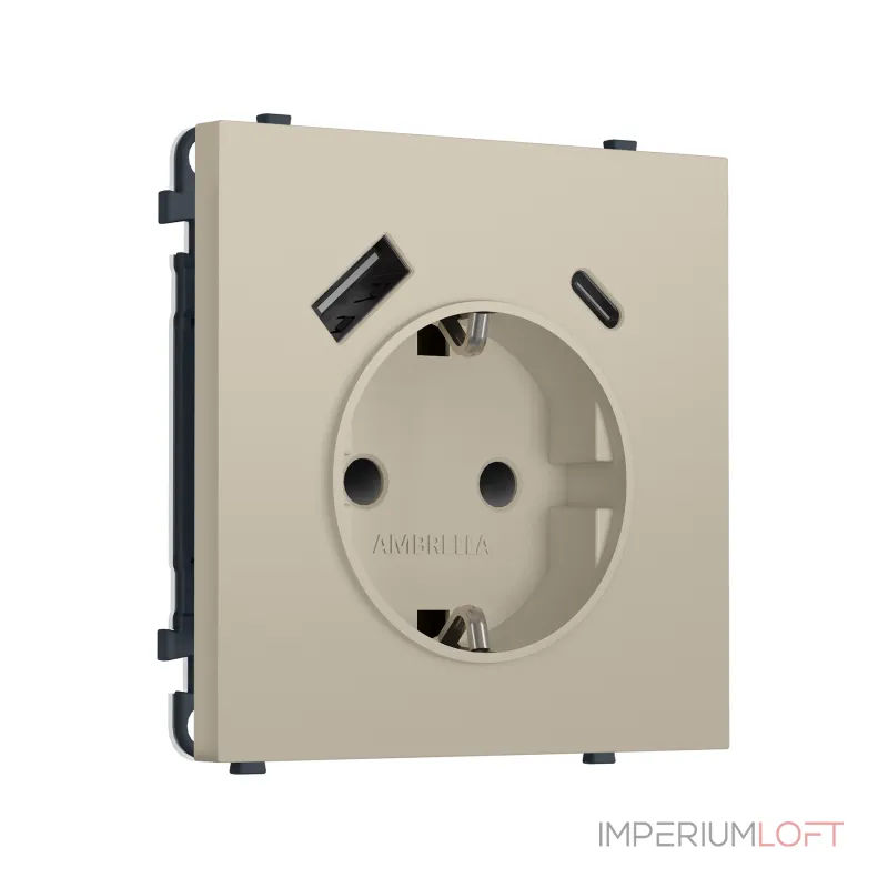 Комплект механизма электрической розетки 2USB A+C 20W (быстрая зарядка) с/з и шторками Ambrella Volt SIGMA MS350010