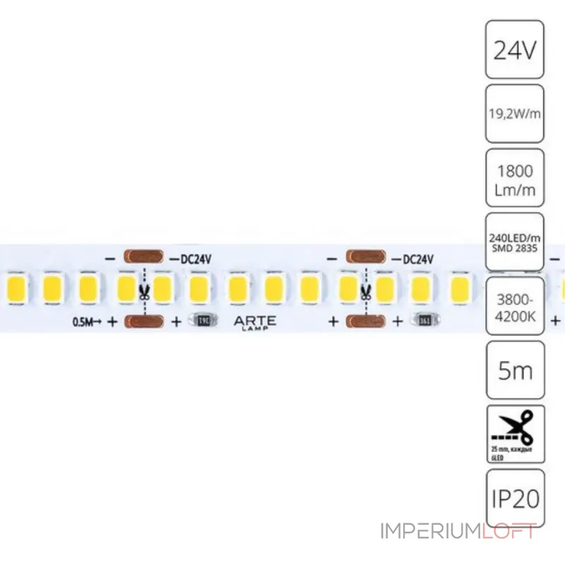 Светодиодная лента 24V 19,2W/m 4000К 5м Arte Lamp TAPE A2424010-02-4K