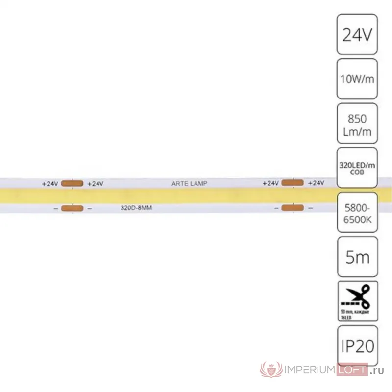 Светодиодная лента 24V 10W/m 6000К 5м Arte Lamp LANE A2432008-03-6K от ImperiumLoft