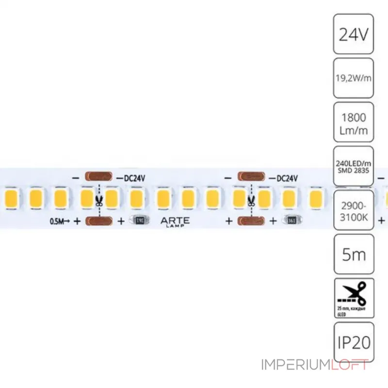 Светодиодная лента 24V 19,2W/m 3000К 5м Arte Lamp TAPE A2424010-01-3K