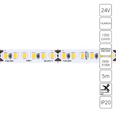 Светодиодная лента 24V 14,4W/m 3000К 5м Arte Lamp TAPE A2418008-01-3K