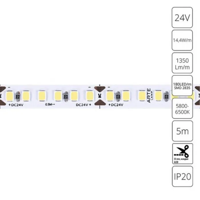 Светодиодная лента 24V 14,4W/m 6000К 5м Arte Lamp TAPE A2418008-03-6K от ImperiumLoft