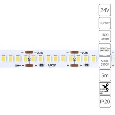 Светодиодная лента 24V 19,2W/m 6000К 5м Arte Lamp TAPE A2424010-03-6K от ImperiumLoft