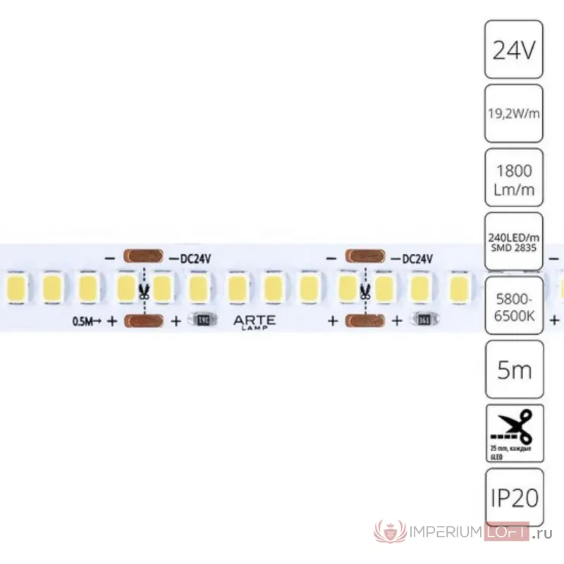 Светодиодная лента 24V 19,2W/m 6000К 5м Arte Lamp TAPE A2424010-03-6K от ImperiumLoft