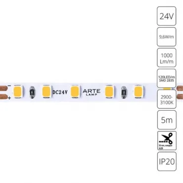 Светодиодная лента 24V 9,6W/m 3000К 5м Arte Lamp TAPE A2412005-01-3K от ImperiumLoft