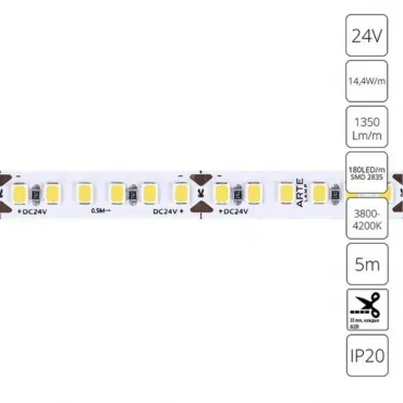 Светодиодная лента 24V 14,4W/m 4000К 5м Arte Lamp TAPE A2418008-02-4K от ImperiumLoft