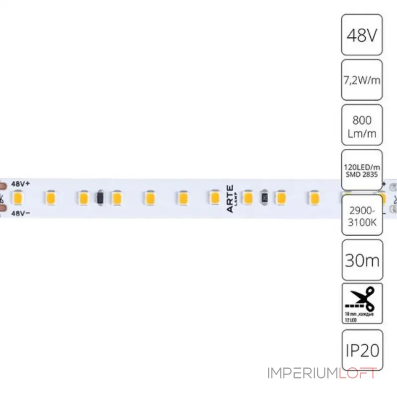Светодиодная лента 48V 7,2W/m 3000К 30м Arte Lamp TAPE A4812010-03-3K