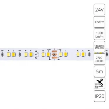Светодиодная лента 24V 12W/m mix 2700-6000К 5м Arte Lamp TAPE A2414010-01-mix A2414010-01-mix