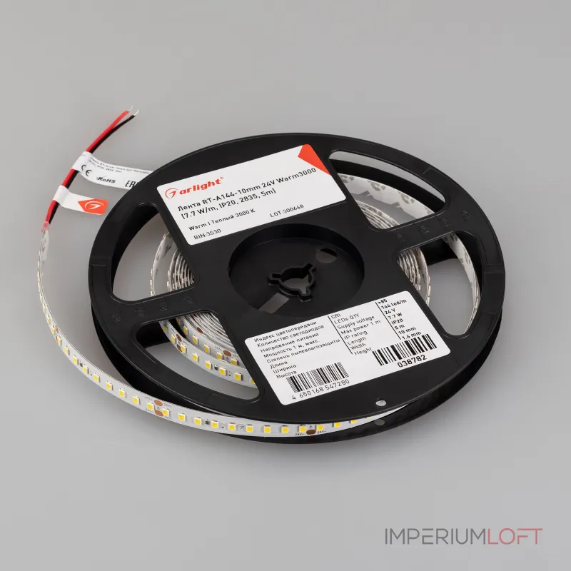 Arlight Лента RT-A144-10mm 24В Warm3000 7.7 В/м IP20 2835 5м высок.эфф.200 лм/Вт 038782