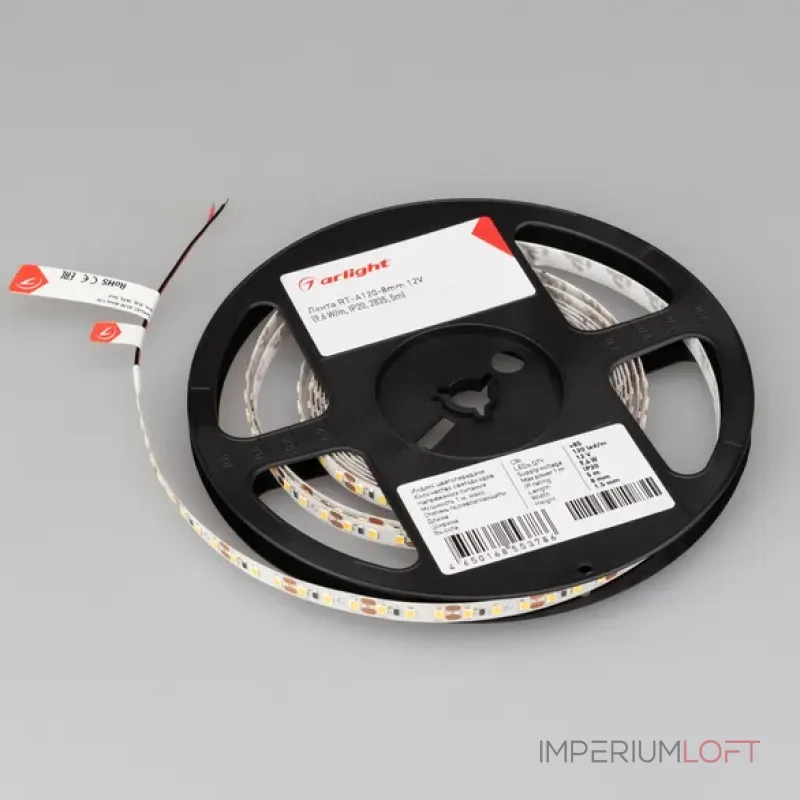 Светодиодная лента RT-A120-8mm 12V Cool 8K (9.6W/m, IP20, 2835, 5m, 9.6 Вт/м, IP20) Arlight 013239(2)