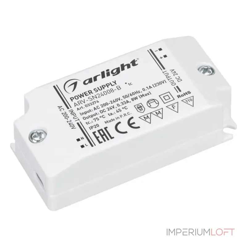 Arlight Блок питания ARV-SN24008-B 24В 0.33A 8Вт IP20 033274 Arlight Блок питания ARV-SN24008-B 24В 0.33A 8Вт IP20 033274