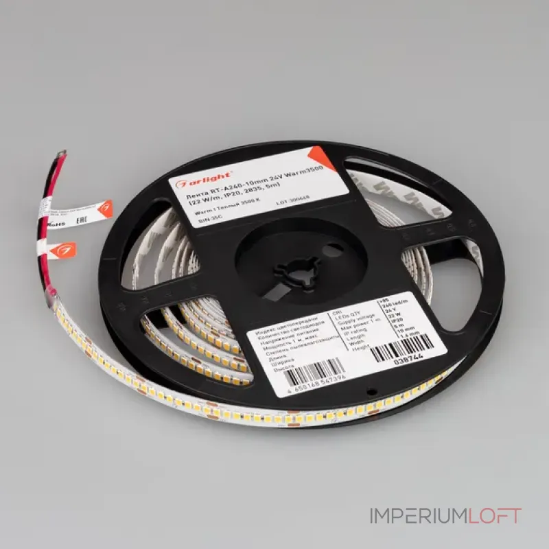 Светодиодная лента RT-A240-10mm 24V Warm3500 (22W/m, IP20, 2835, 5m, высок.эфф.150 лм/Вт) Arlight 038744 Светодиодная лента RT-A240-10mm 24V Warm3500 (22W/m, IP20, 2835, 5m, высок.эфф.150 лм/Вт) Arlight 038744