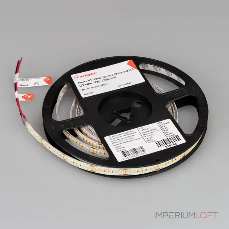 Светодиодная лента RT-A240-10mm 24V Warm2700 (22W/m, IP20, 2835, 5m, высок.эфф.150 лм/Вт) Arlight 038746 Светодиодная лента RT-A240-10mm 24V Warm2700 (22W/m, IP20, 2835, 5m, высок.эфф.150 лм/Вт) Arlight 038746