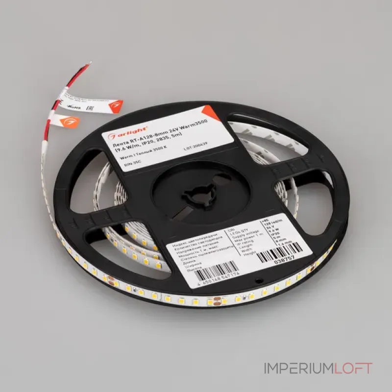 Светодиодная лента RT-A128-8mm 24V Warm3500 (10W/m, IP20, 5m, высок.эфф.150 лм/Вт) Arlight 038757(1)