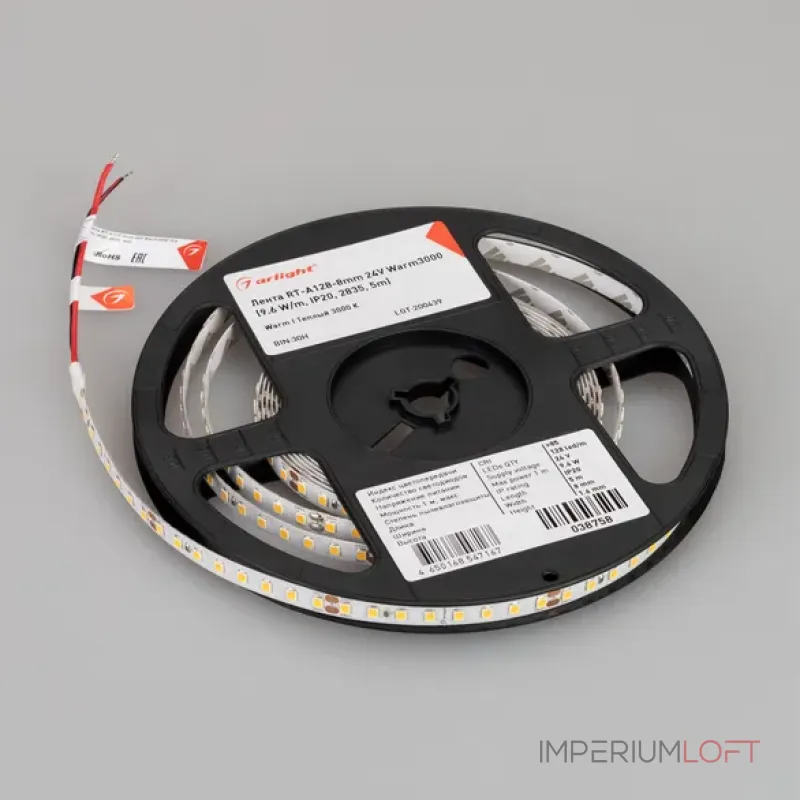 Светодиодная лента RT-A128-8mm 24V Warm3000 (10W/m, IP20, 5m, высок.эфф.150 лм/Вт) Arlight 038758(1)