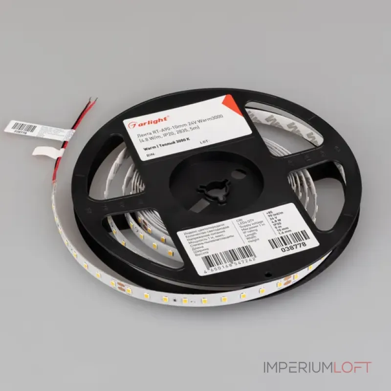 Светодиодная лента RT-A90-10mm 24V Warm3000 (4.8W/m, IP20, 2835, 5m, высок.эфф.200 лм/Вт) Arlight 038778