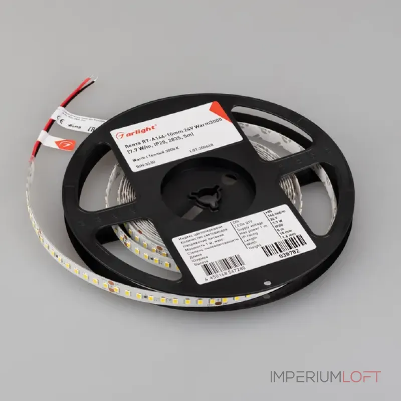 Светодиодная лента RT-A144-10mm 24V Warm3000 (7.7W/m, IP20, 2835, 5m, высок.эфф.200 лм/Вт) Arlight 038782