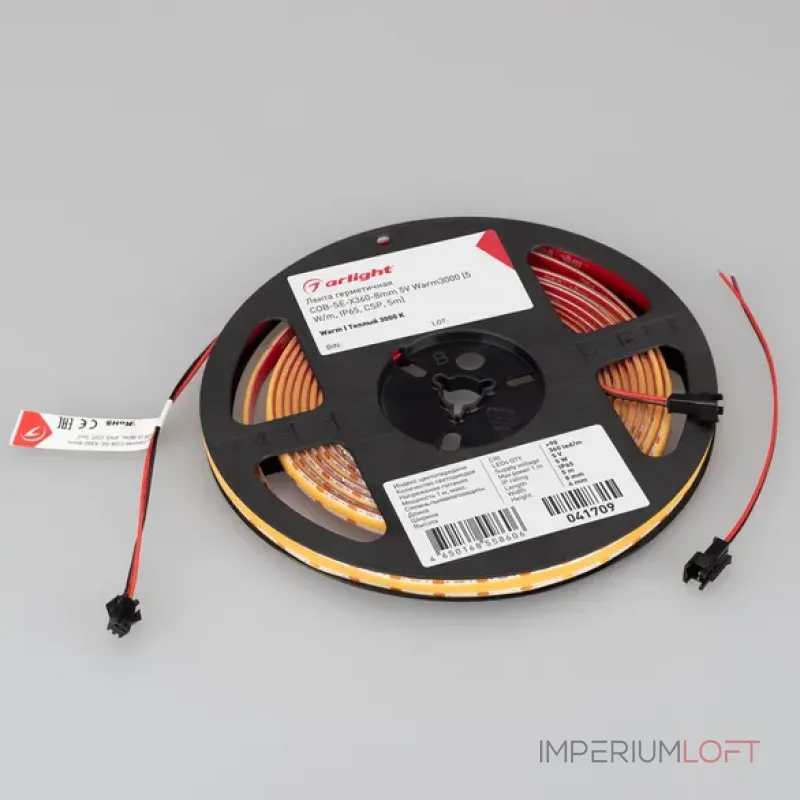 Светодиодная лента герметичная COB-SE-X360-8mm 5V Warm3000 (5W/m, IP65, CSP, 5m) Arlight 041709