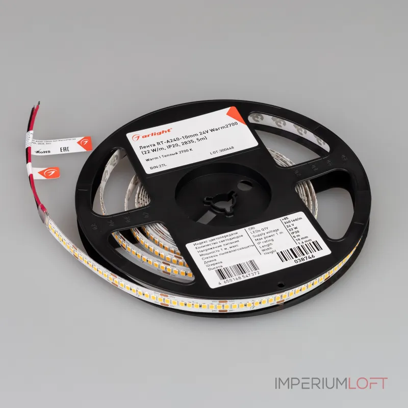 Arlight Лента RT-A240-10mm 24В Warm2700 22 В/м IP20 2835 5м высок.эфф.150 лм/Вт 038746