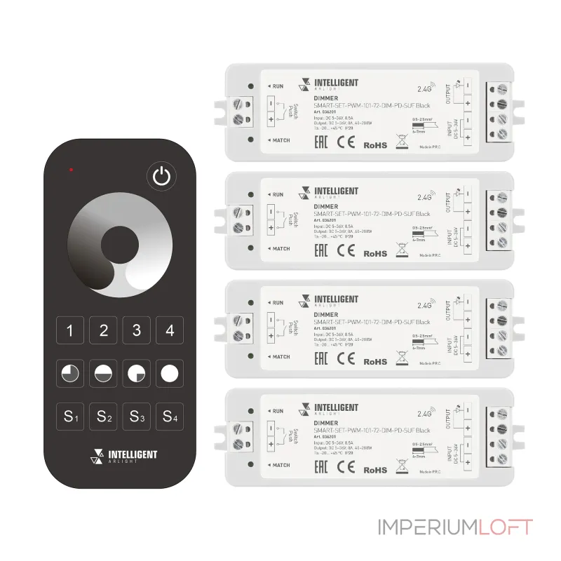 Arlight INTELLIGENT ARLIGHT Диммер SMART-SET-PWM-101-72-DIM-PD-SUF Black 5-36В 1x8A x4 ПДУ 13кн 2.4G IARL IP20 036201 Arlight INTELLIGENT ARLIGHT Диммер SMART-SET-PWM-101-72-DIM-PD-SUF Black 5-36В 1x8A x4 ПДУ 13кн 2.4G IARL IP20 036201
