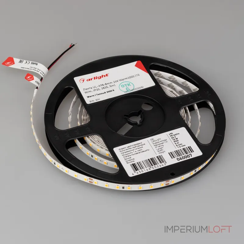 Лента UL-A98-8mm 24В Warm3000 10 В/м IP20 2835 5м Arlight 7 лет 040007