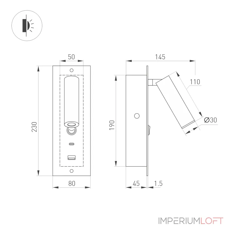 Светильник SP-BED-CHARGE-BUILT-S80x230-3Вт Warm3000 BK 20 deg 230В USB-A USB-C Arlight IP20 046880