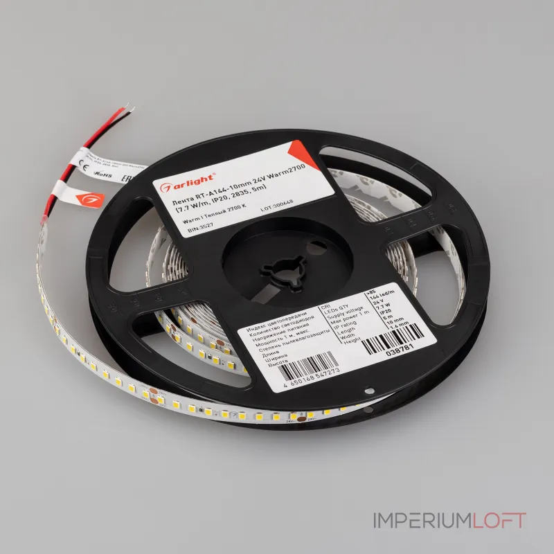 Arlight Светодиодная лента RT-A144-10mm 24В Warm2700 7.7 В/м IP20 2835 5м высок.эфф.200 лм/Вт 038781