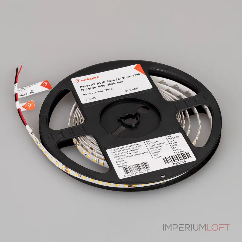 Arlight Лента RT-A128-8mm 24В Warm2700 9.6 В/м IP20 2835 5м высок.эфф.150 лм/Вт 038759