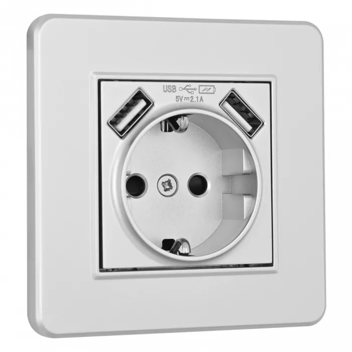 Комплект розетки с заземлением, шторками, рамкой однопостовой + 2 USB Arte Milano SET16-1-47-1 silver от ImperiumLoft