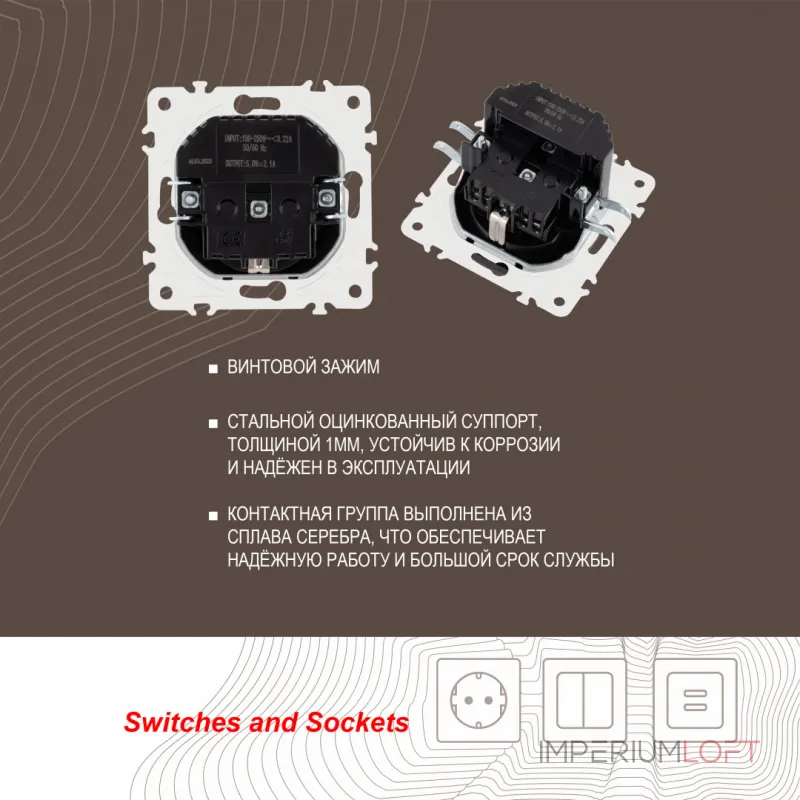Розетка с заземлением, шторками + 2 USB, 16A 250V, USB DC 5V 2.1A 205.47-1.white
