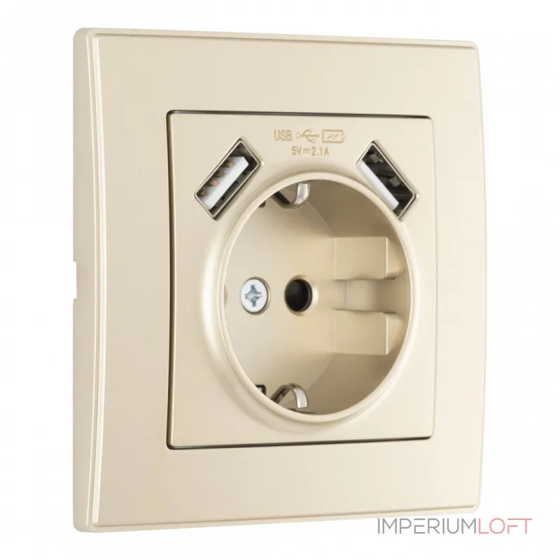 Комплект розетки с заземлением, шторками, рамкой однопостовой + 2 USB Arte Milano SET06-1-47-1 shampan Комплект розетки с заземлением, шторками, рамкой однопостовой + 2 USB Arte Milano SET06-1-47-1 shampan