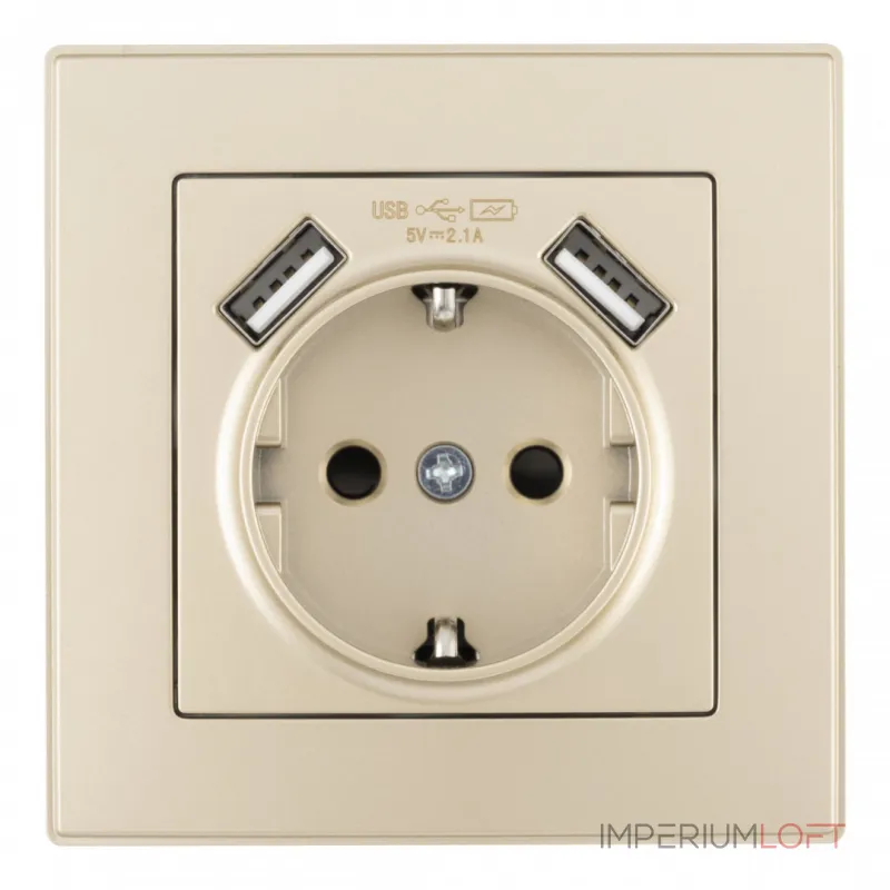 Комплект розетки с заземлением, шторками, рамкой однопостовой + 2 USB Arte Milano SET06-1-47-1 shampan Комплект розетки с заземлением, шторками, рамкой однопостовой + 2 USB Arte Milano SET06-1-47-1 shampan