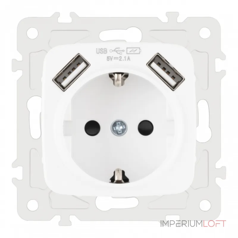 Розетка с заземлением, шторками + 2 USB, 16A 250V, USB DC 5V 2.1A 205.47-1.white