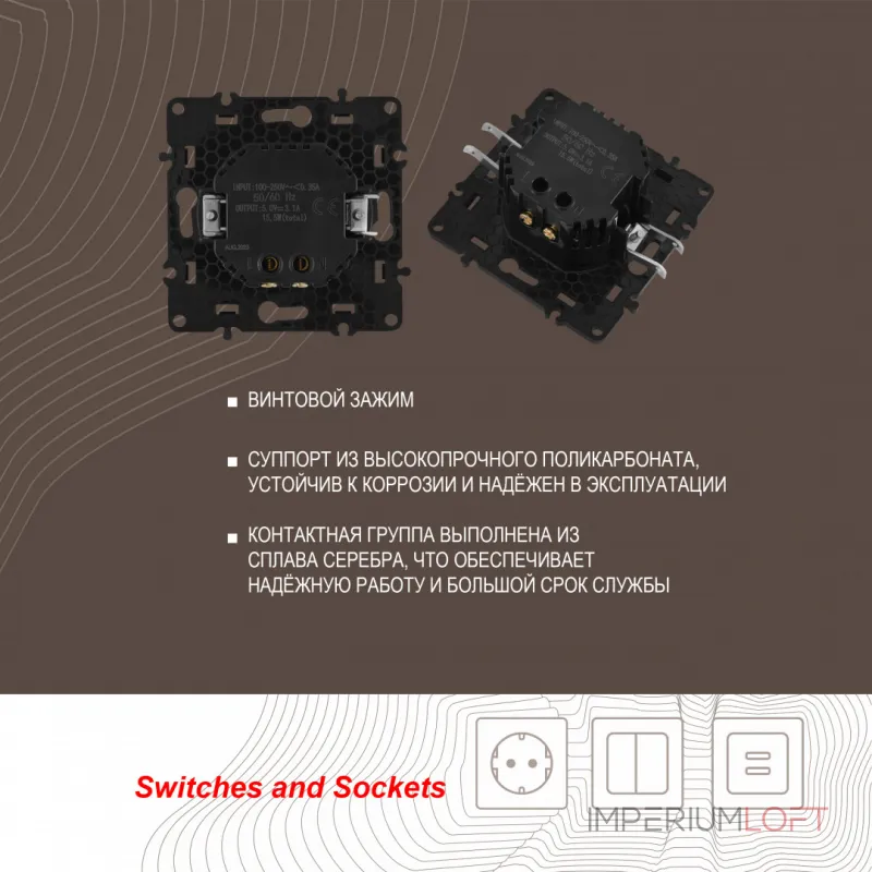 Розетка USB 2.1А+1А 217.46-1.silver от ImperiumLoft