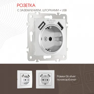 Розетка с заземлением, шторками + 2 USB, 16A 250V, USB DC 5V 2.1A 206.47-1.silver Розетка с заземлением, шторками + 2 USB, 16A 250V, USB DC 5V 2.1A 206.47-1.silver