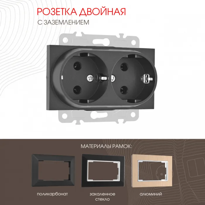 Розетка двойная с заземлением, 16A 250V 203.40-2.black от ImperiumLoft