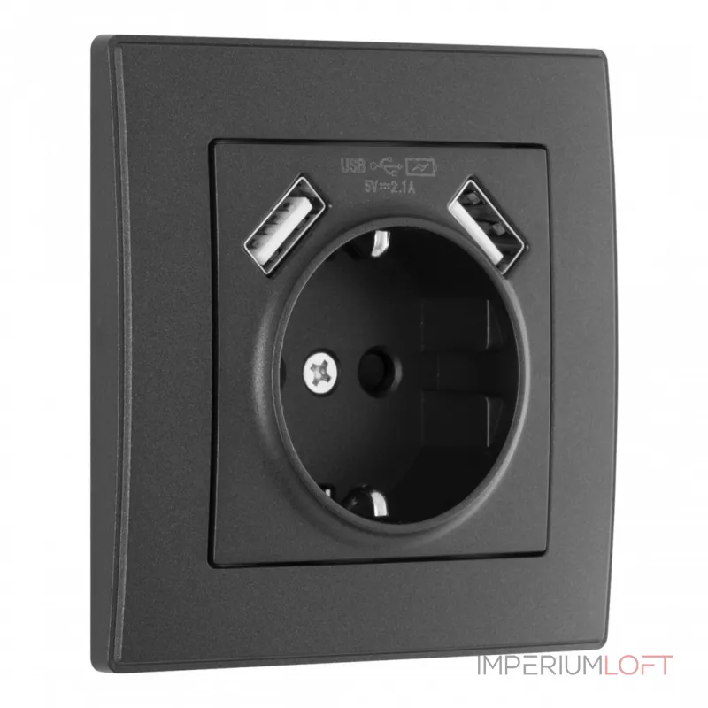 Комплект розетки с заземлением, шторками, рамкой однопостовой + 2 USB Arte Milano SET06-1-47-1 black
